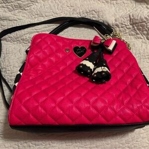 Betsey Johnson Fushia Black Cream Quilted Shoulder Bag NWT